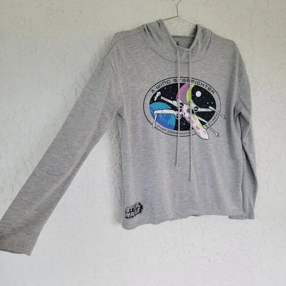 Disney X Wing Starfighter Star Wars Hooded Tee Mens Unisex Sz S Gray Long Sleeve - Picture 4 of 9